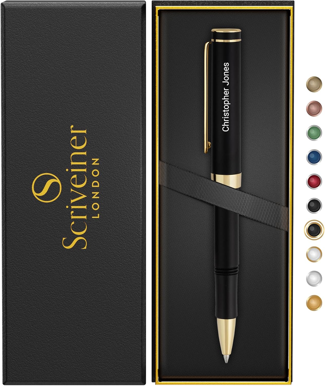 Personalized Black Rollerball EDC Pen with Real Gold Plating