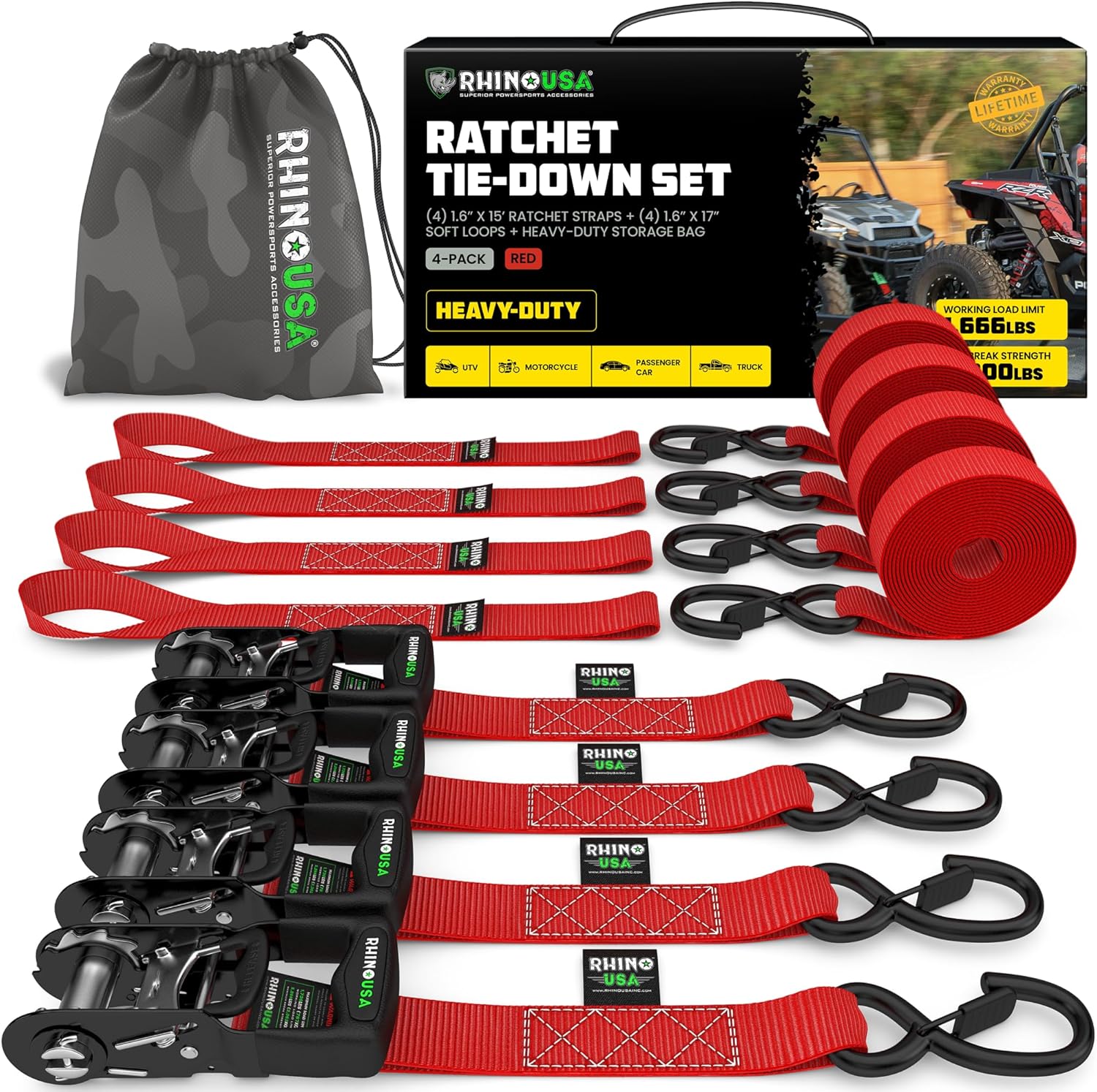 Rhino USA Ratchet Straps Heavy Duty Kit for Secure Transport