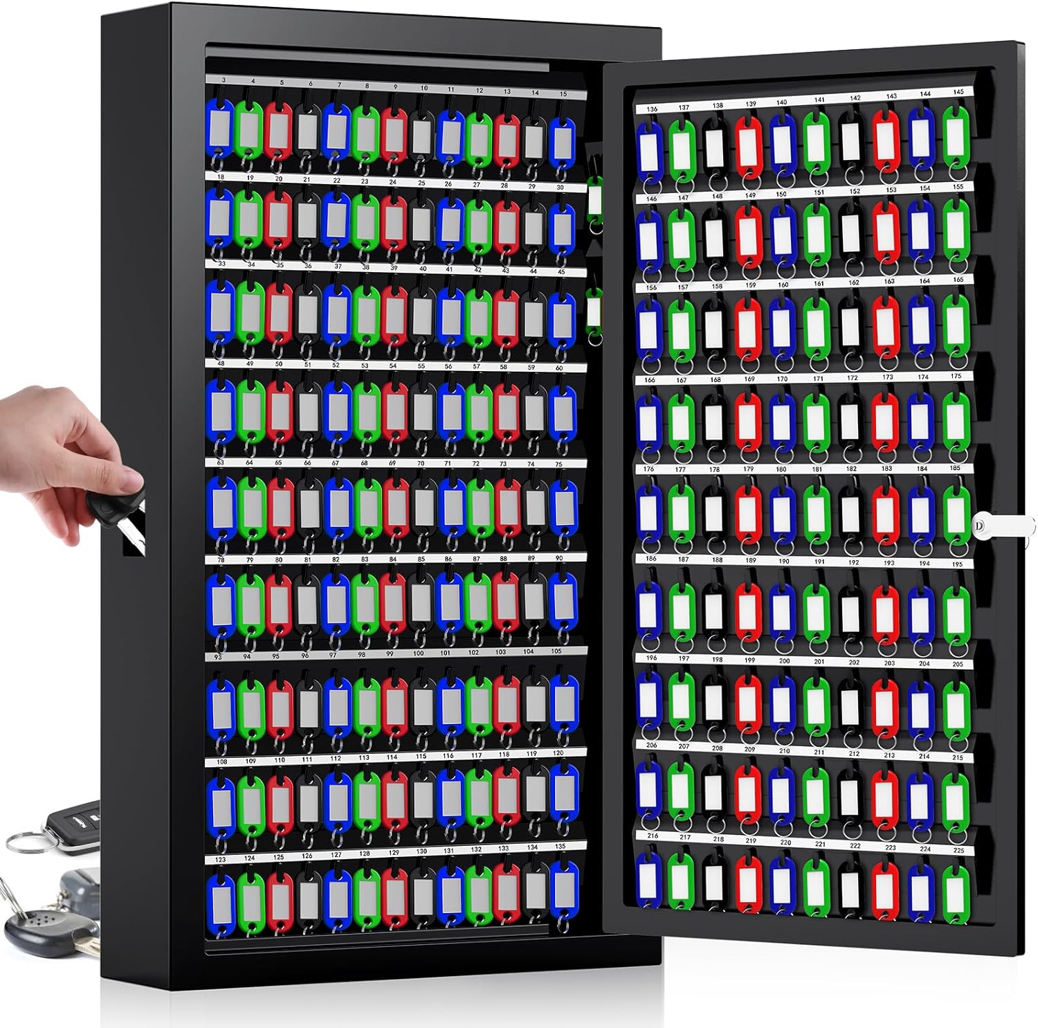 225 Keys Key Lock Box Wall Mount with Side Hooks and Tags