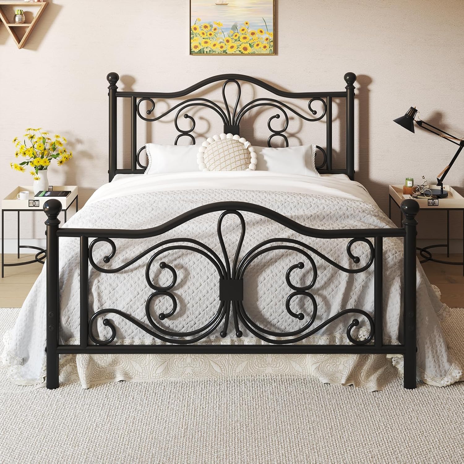 Queen Size Metal Platform Bed Frame with Butterfly Design