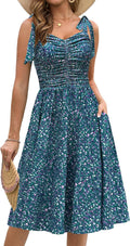 Women Floral Ruched Midi Dress Spaghetti Strap V Neck - Flowy