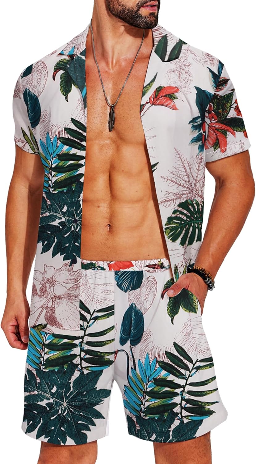 Men's Hawaiian Matching Shirt and Shorts Set for Summer Fun