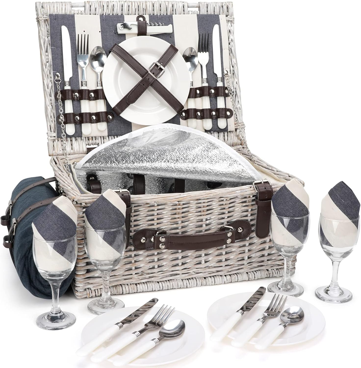 Picnic Basket Sets for 4 with Insulation Layer and Blanket