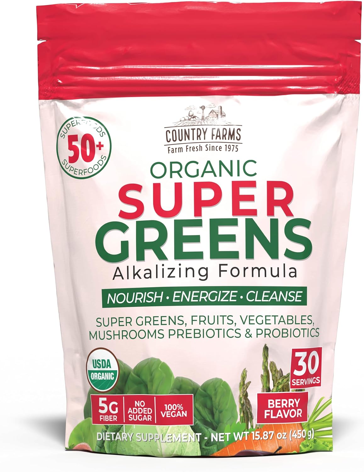 Country Farms Super Greens Berry Flavor Drink Mix for Energy