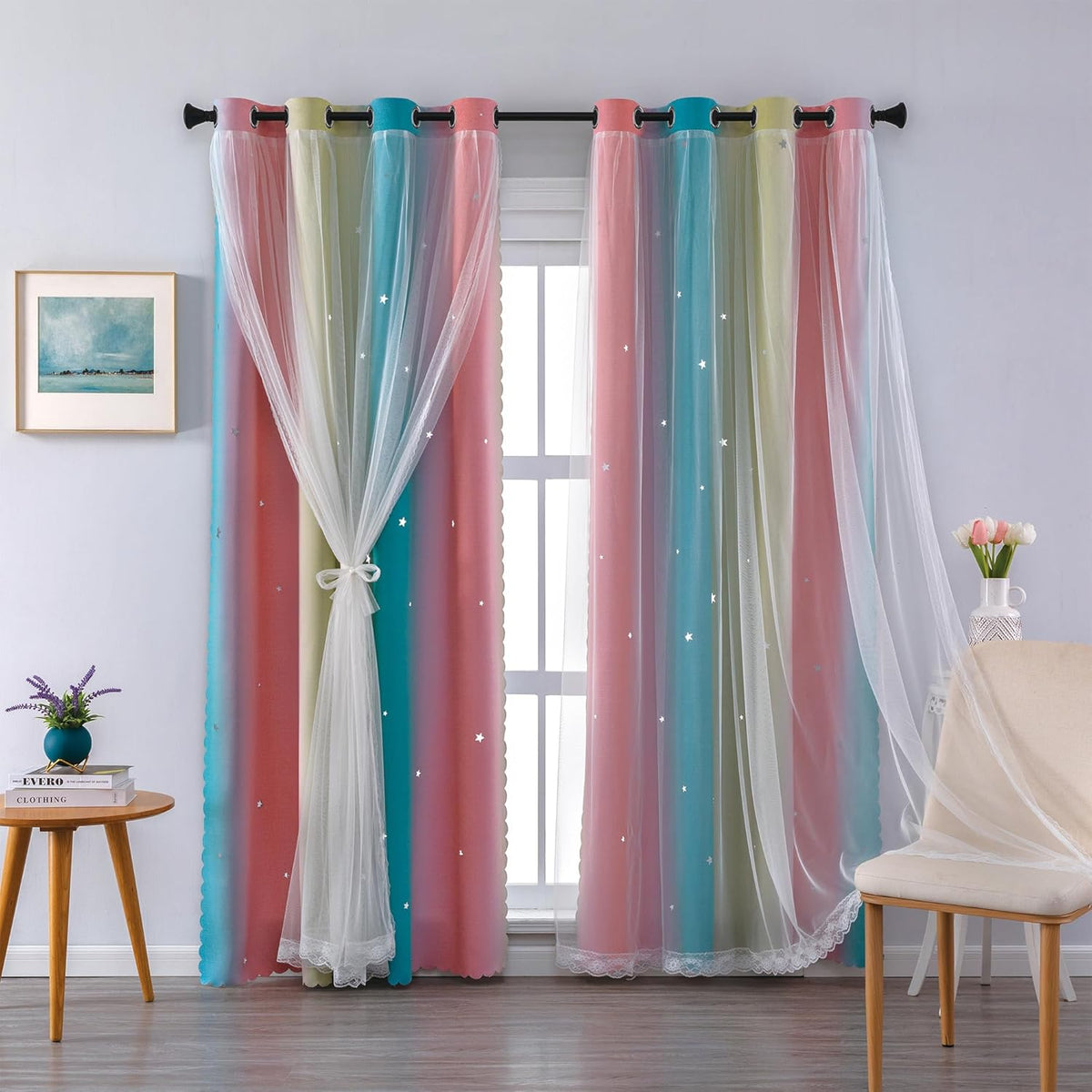 XiDi 90 Inches Blackout Rainbow Curtains for Kids Room Decor