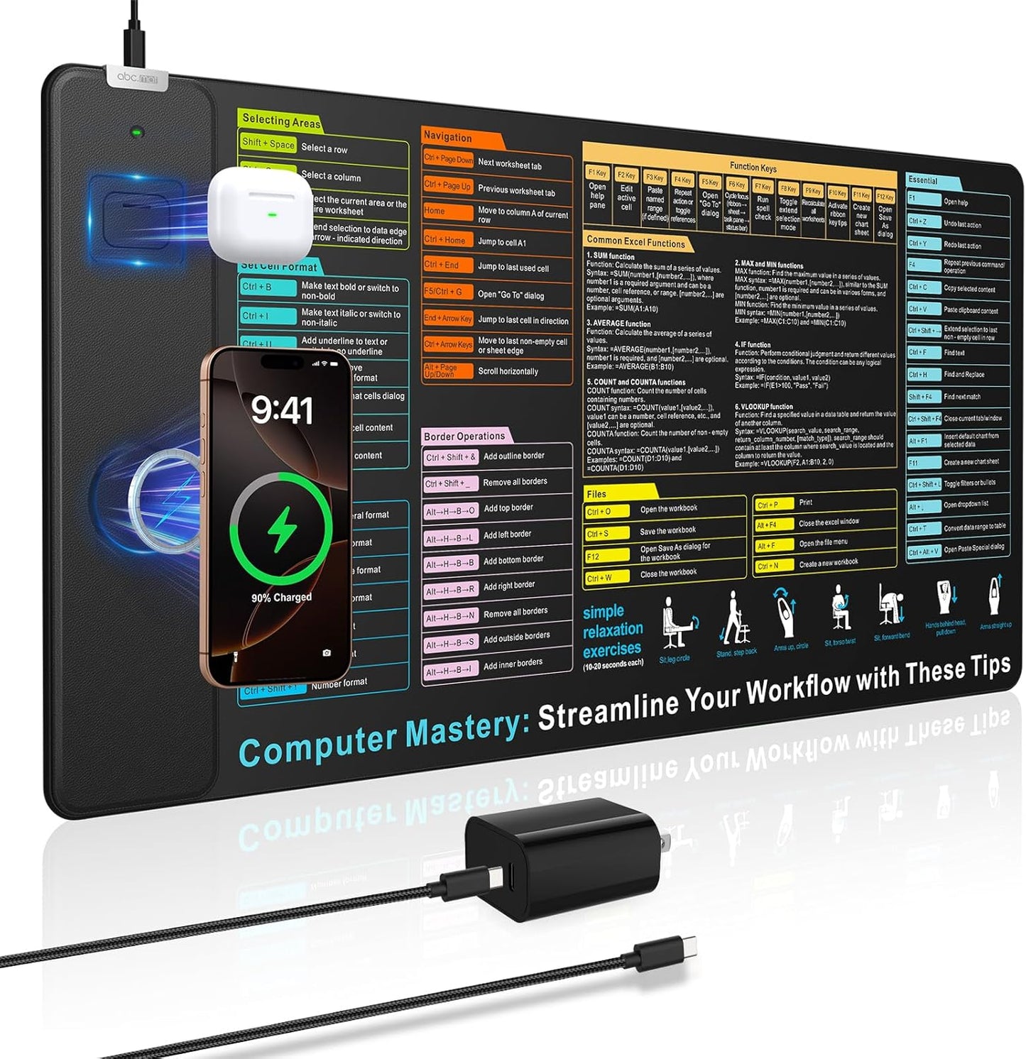 Wireless Charging Mouse Pad with Excel Shortcuts for Efficiency