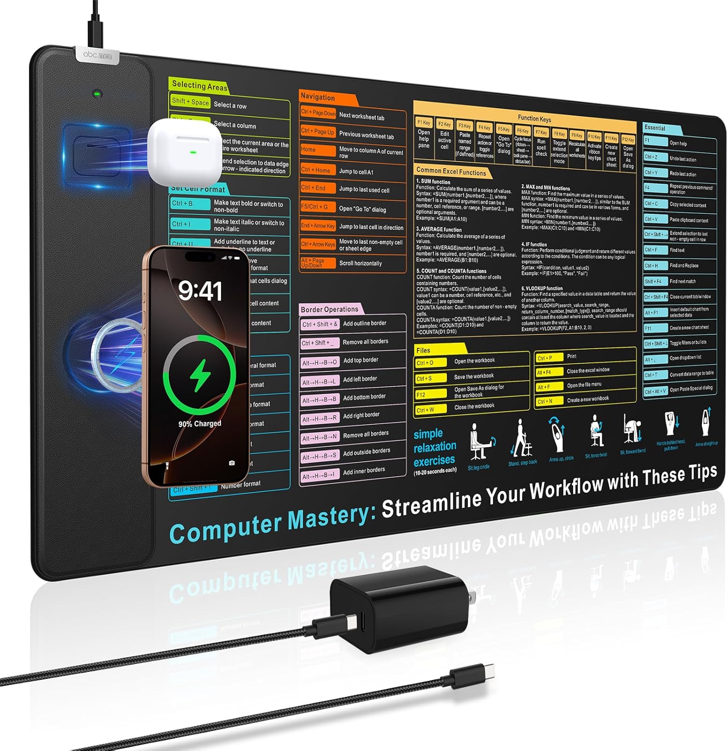 Wireless Charging Mouse Pad with Excel Shortcuts for Efficiency