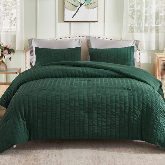 AveLom Dark Green Seersucker Queen Comforter Set for All Seasons