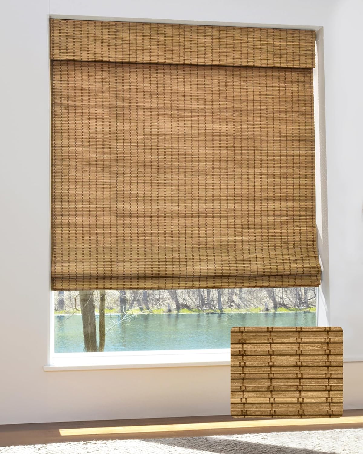 Cordless Bamboo Roman Shades for Windows - Highfield Teak Style