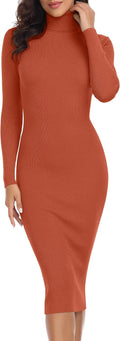 Turtleneck Ribbed Elbow Long Sleeve Knit Sweater Dress - Slim Midi Fit