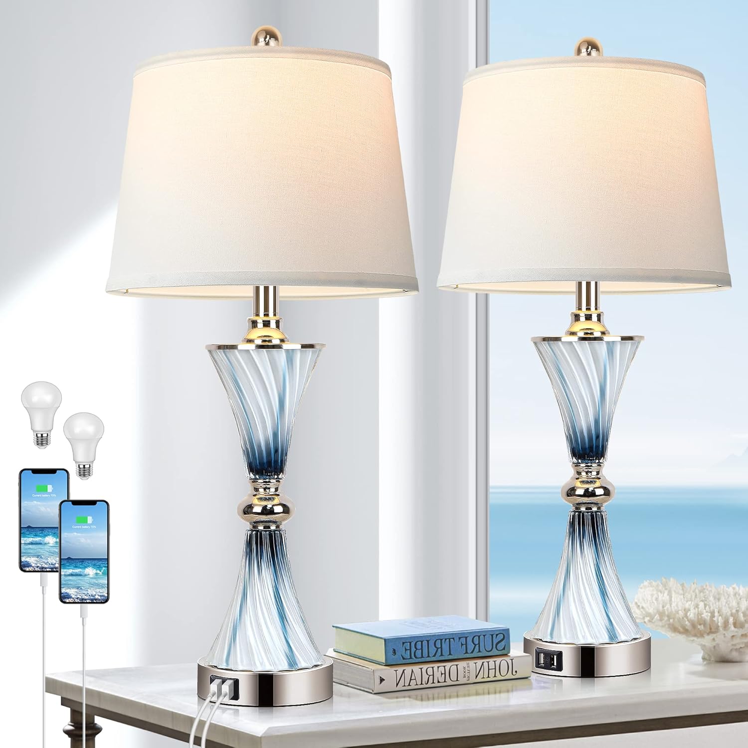 Set of 2 Blue Glass Table Lamps with USB Ports for Bedrooms