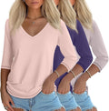 Ficerd 3 Pack Women V Neck 3/4 Sleeve Tops - Comfortable Everyday Fit