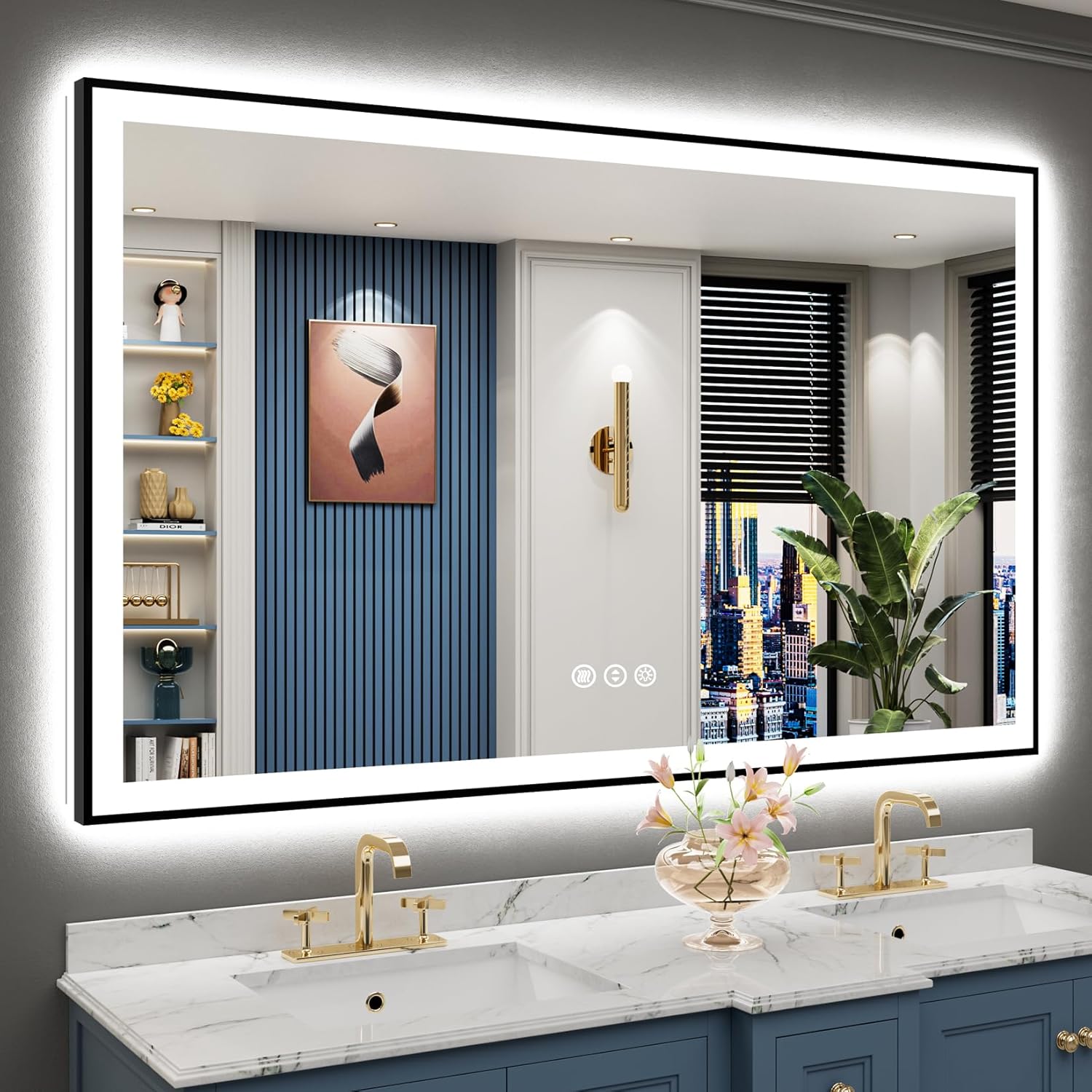 60x38 Black Framed LED Bathroom Mirror with Lights and Anti-Fog