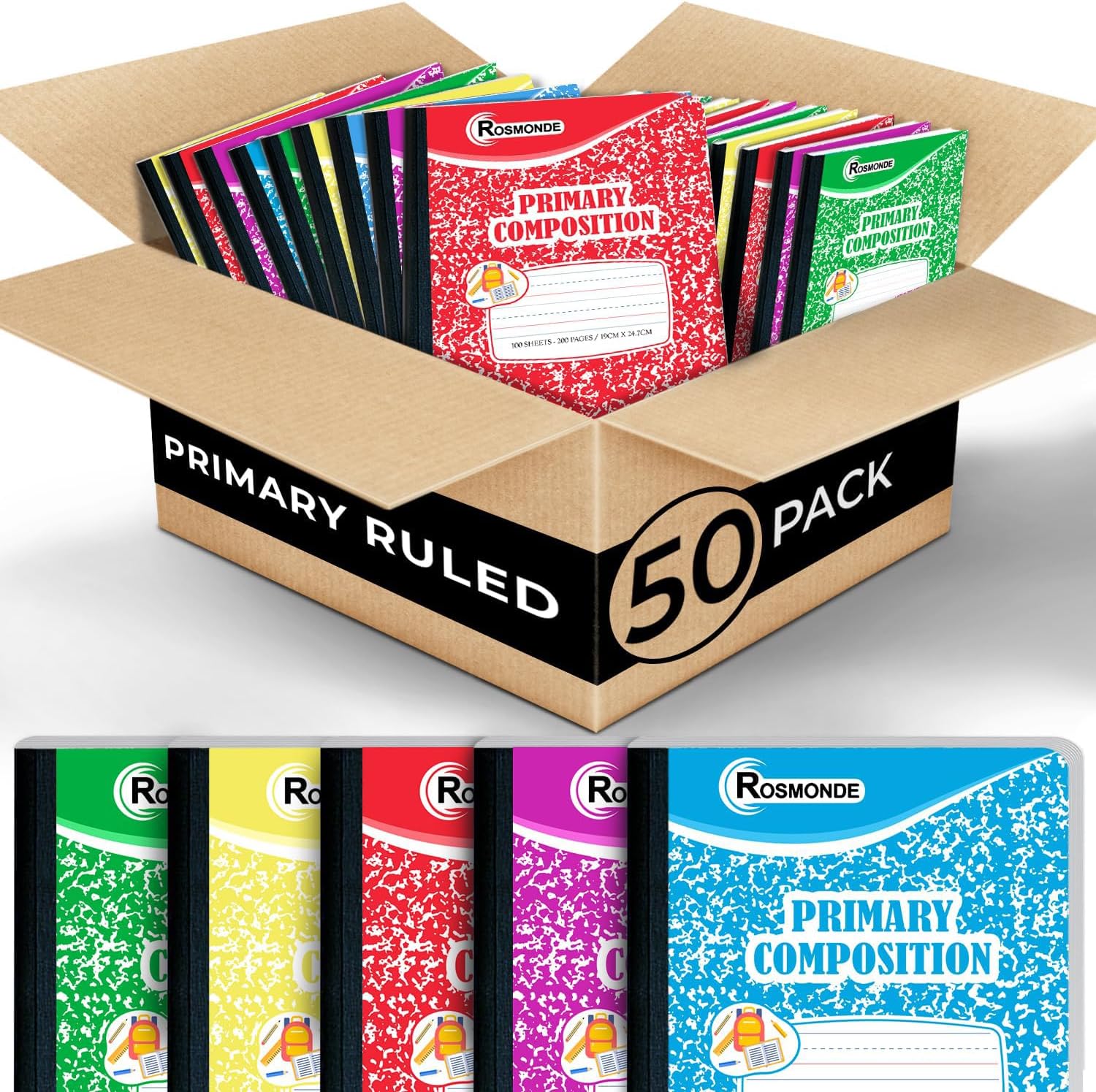 50 Pack Primary Ruled Marble Composition Notebooks - Grades K-2