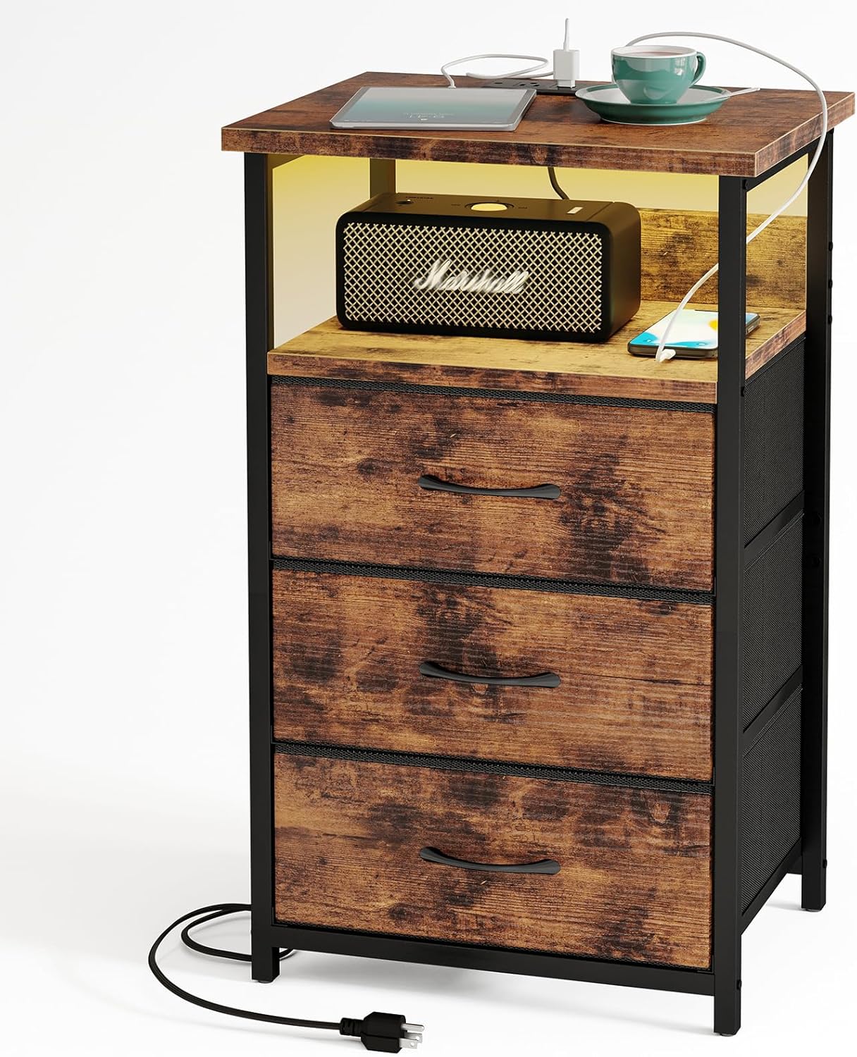 Fixwal Night Stand with Charging Station and LED Lights
