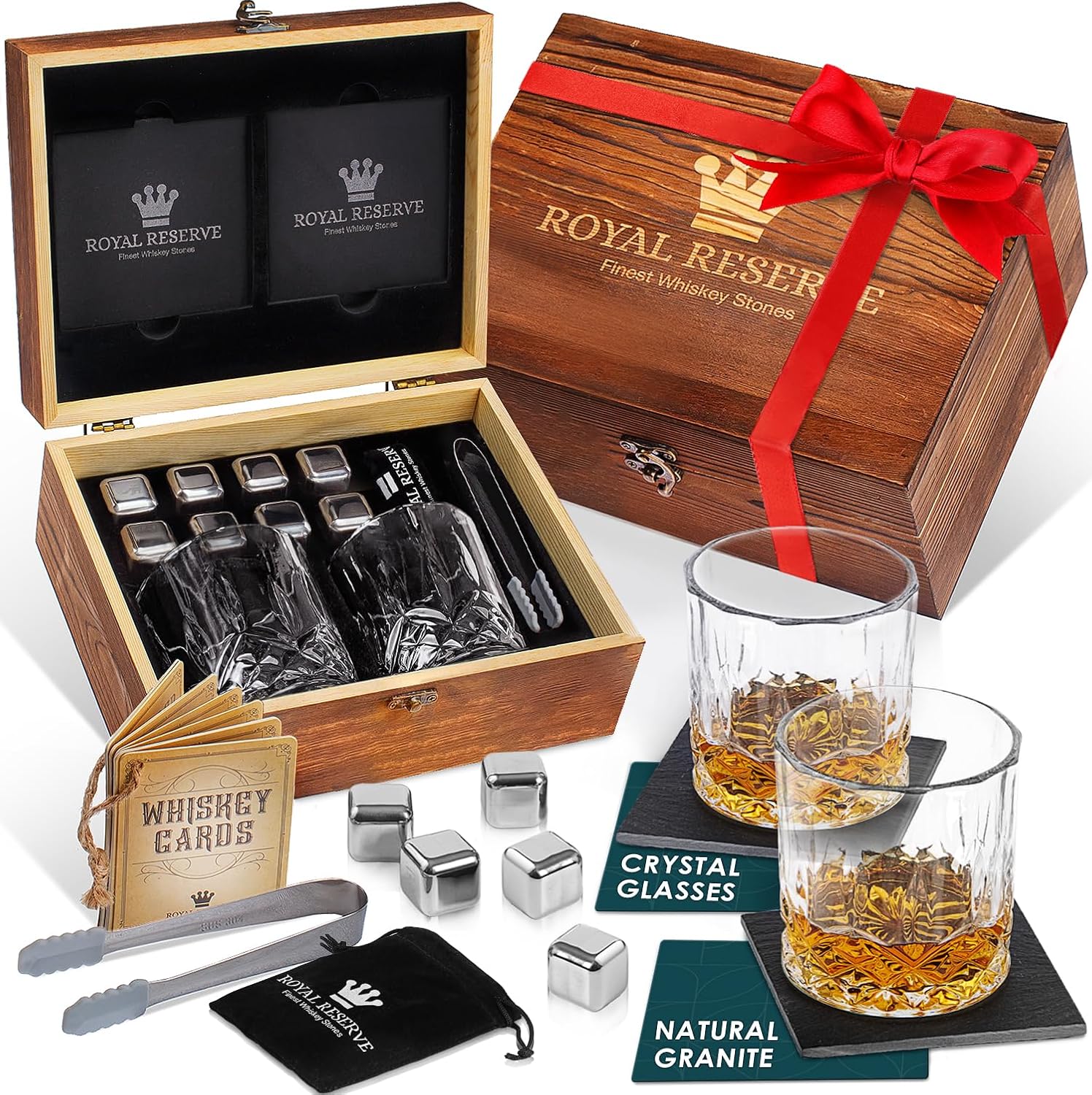Whiskey Set with Glasses, Stones, Coasters, and Tongs Gift