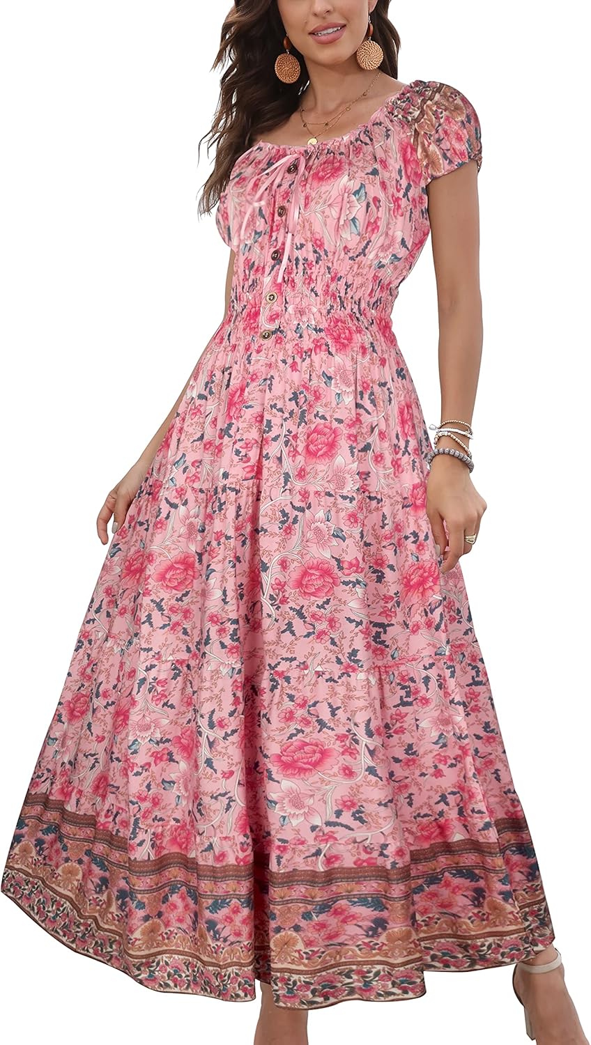OSTOO Women's Boho Floral Print Tiered Maxi Dress for Summer