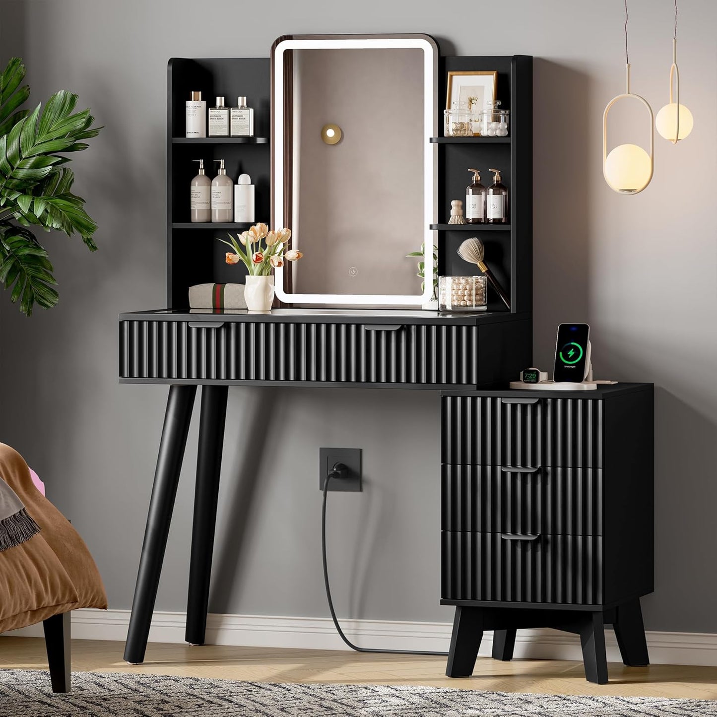 Modern Makeup Vanity Desk with Lighted Mirror and Storage