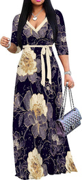 Plus Size Maxi Dresses for Women with 3/4 Sleeves and Belt