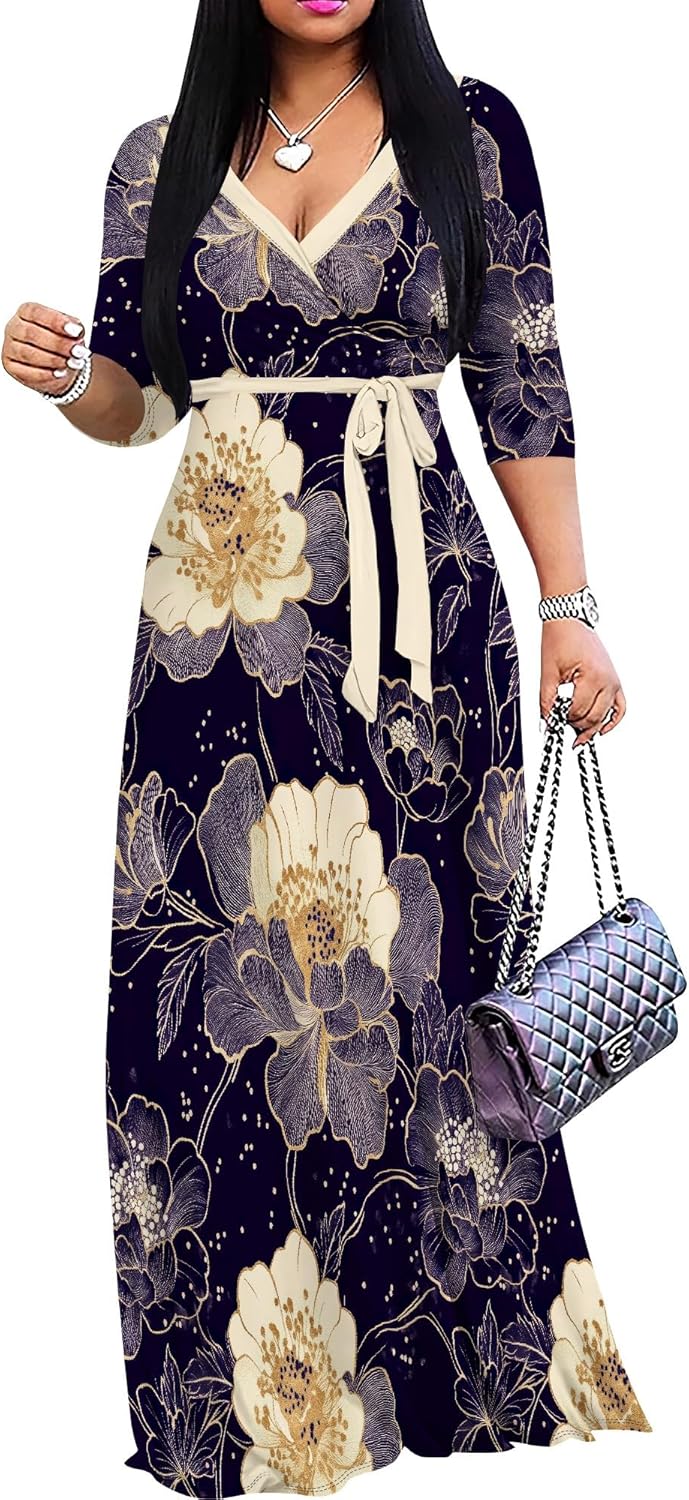 Plus Size Maxi Dresses for Women with 3/4 Sleeves and Belt