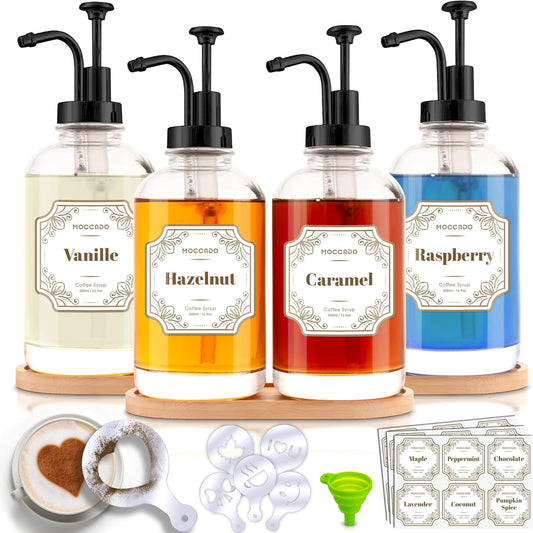 Glass Coffee Syrup Dispenser Set of 4 with Bamboo Trays and Stencils