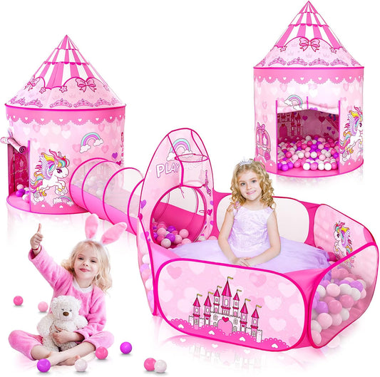 Princess Tent Set: Ball Pit, Crawl Tunnel, Pink Playhouse
