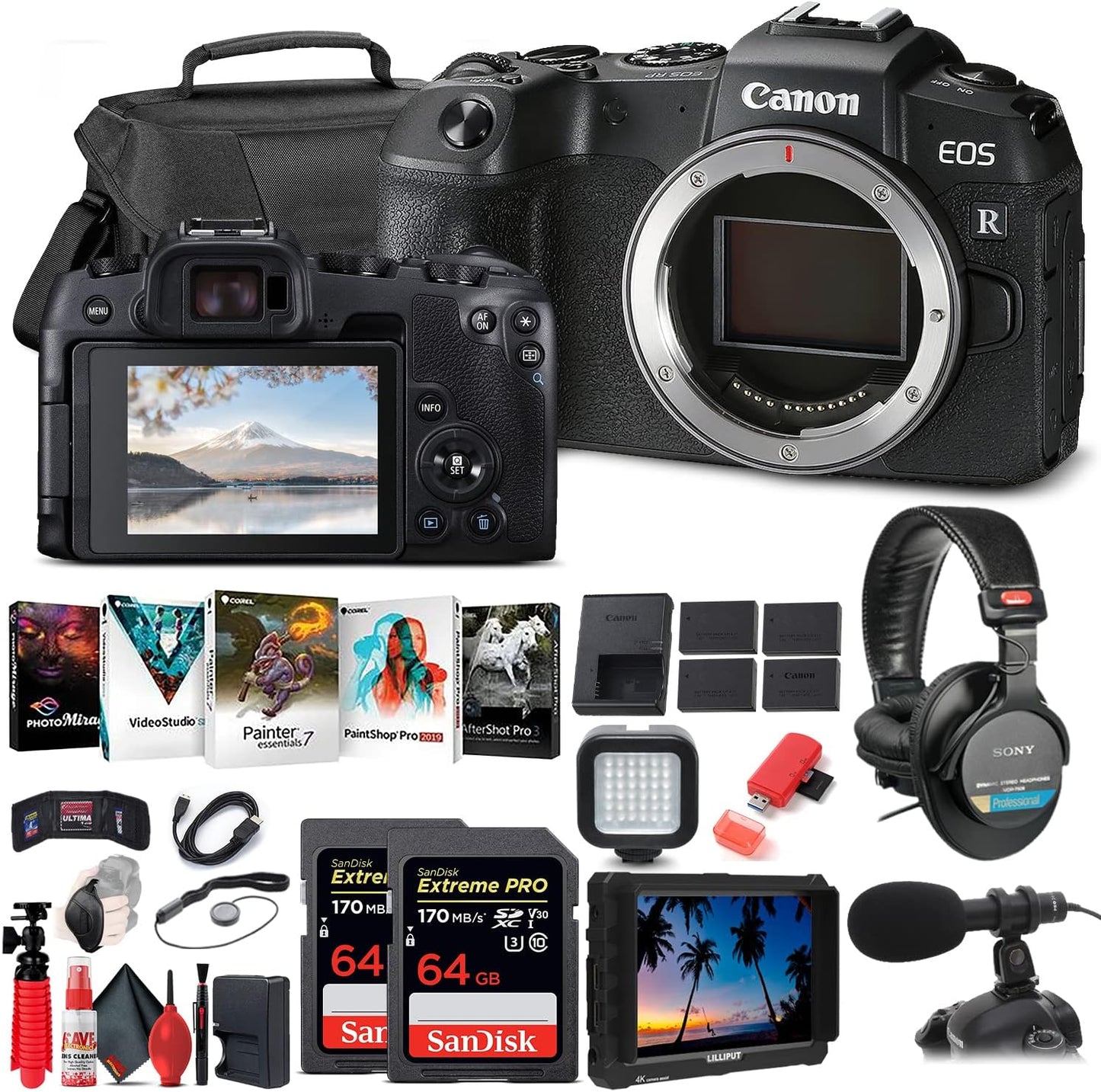 Canon EOS RP Mirrorless Camera Bundle: 4K Monitor, Pro Audio, Memory Cards & More