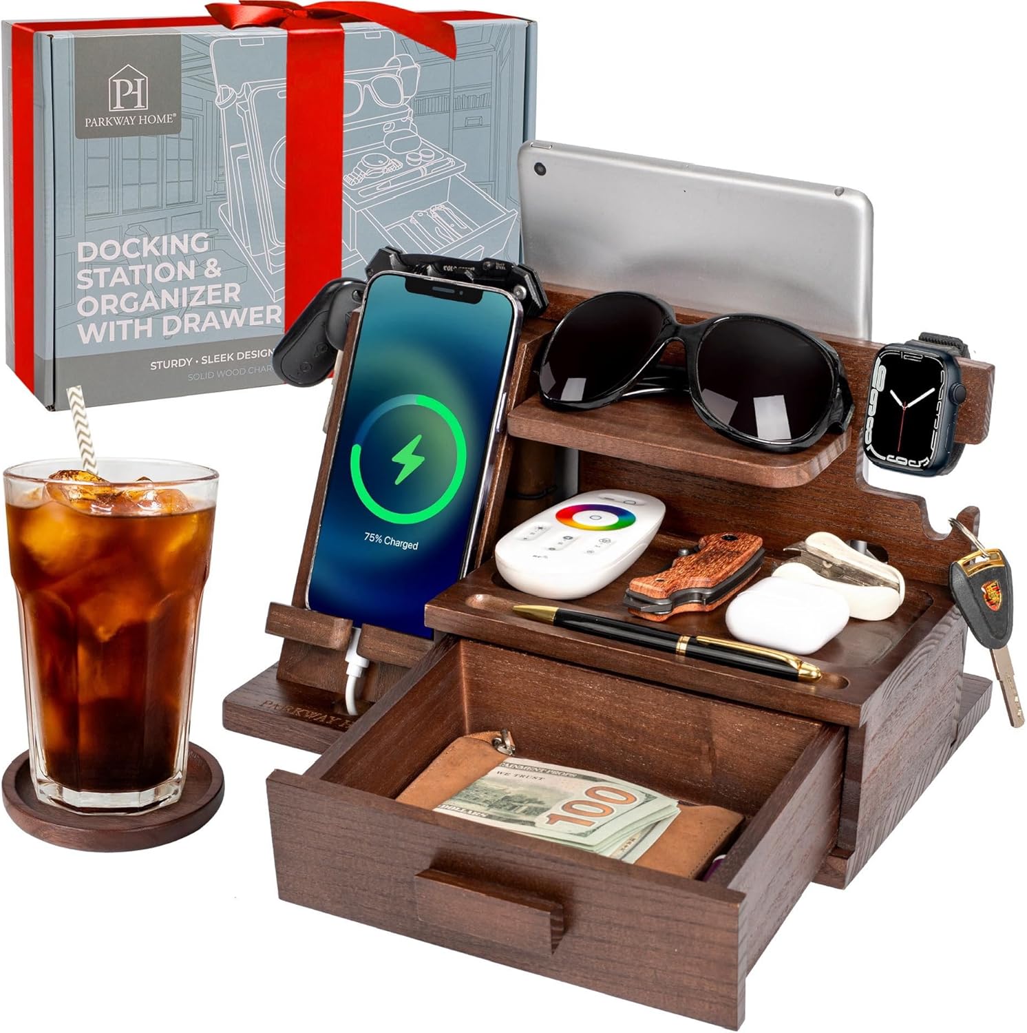 Wood Phone Docking Station with Drawer for Apple Watch Charging