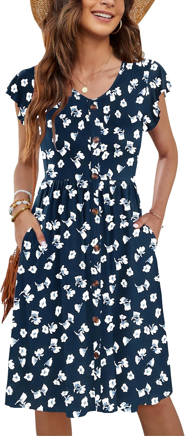 WNEEDU Women Summer Dresses Casual Loose Swing Midi Dress