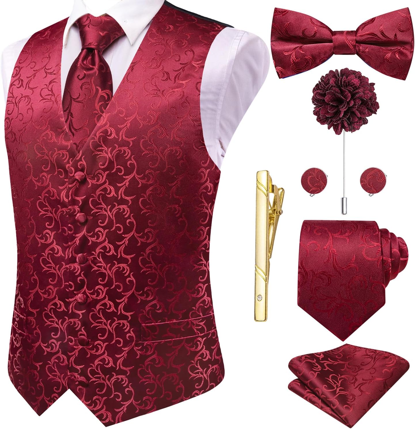 Hi-Tie Silk Mens Suit Vest Set with Tie and Bowtie for Weddings