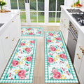 Red Teal Floral Kitchen Rugs and Mats Set of 3 - Cushioned Non-Skid
