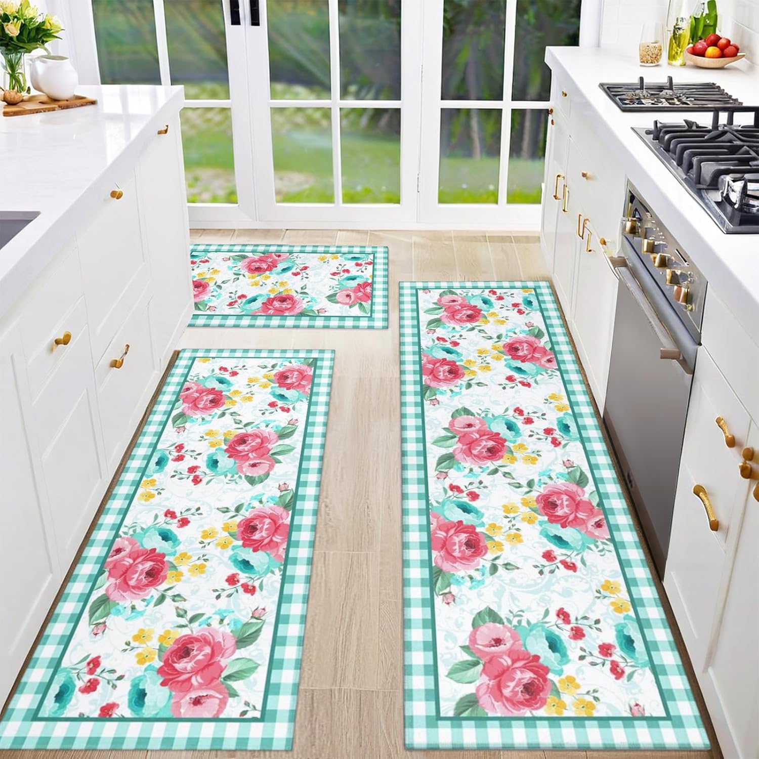 Red Teal Floral Kitchen Rugs Set of 3 for Stylish Decor