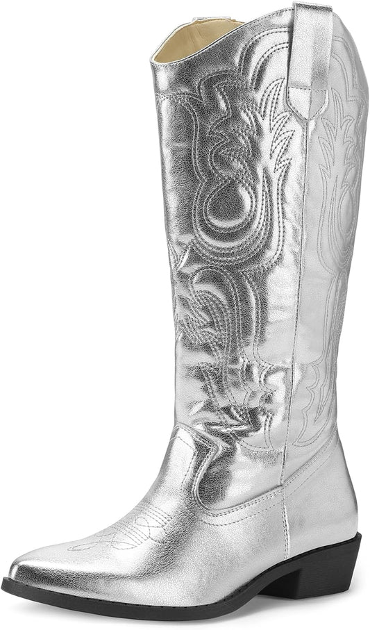 Stylish Women's Cowboy Boots with Chunky Heel and Embroidery