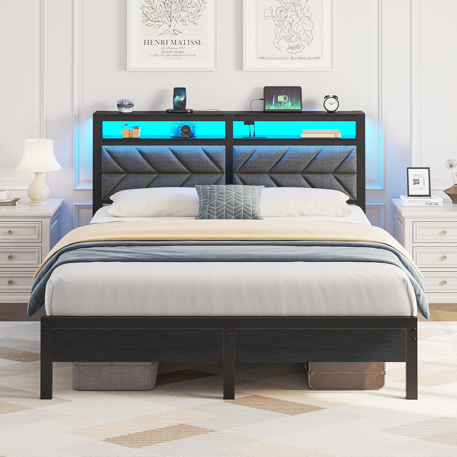 Seventable Queen Size Bed Frame with Charging Station and LED