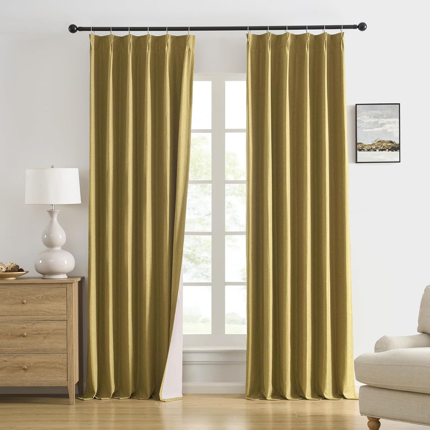 DUALIFE Mustard Yellow Pinch Pleated Blackout Curtains 96 in