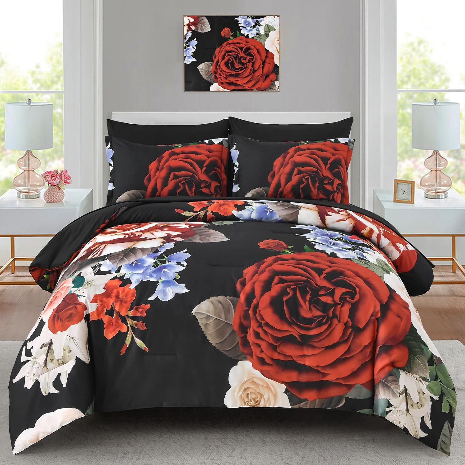 Drucon King Comforter Set - 7 Pieces Floral Black Bedding
