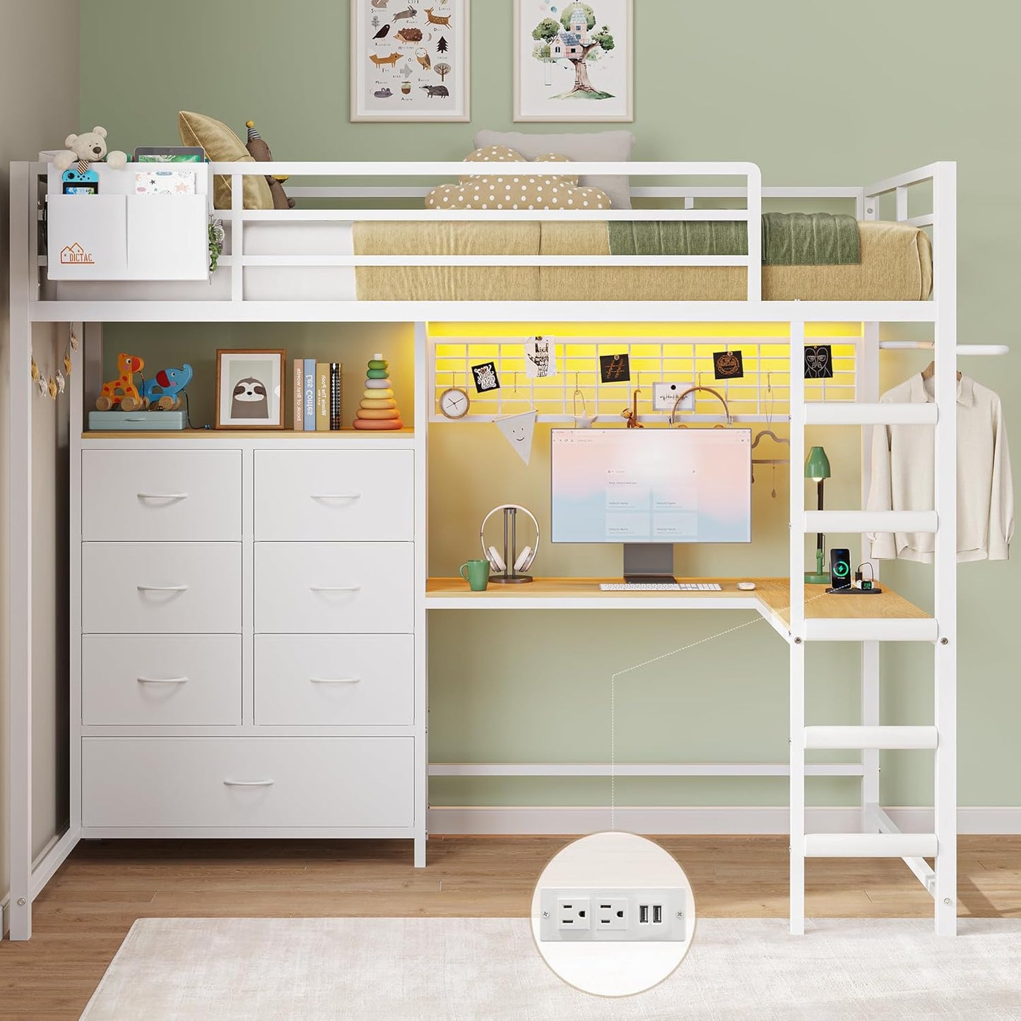 DICTAC Twin Size Loft Bed with Desk and Storage for Kids