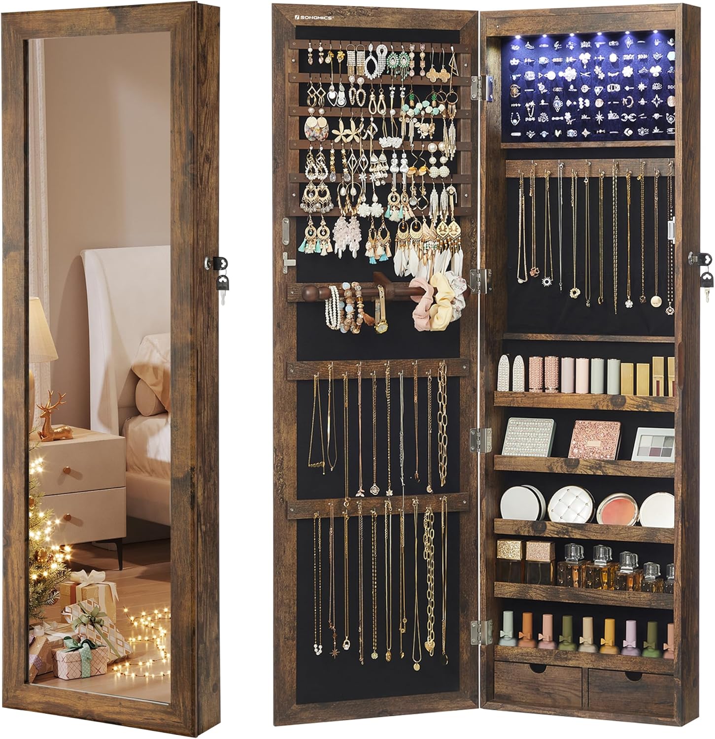 SONGMICS 47.2-Inch Tall Lockable Jewelry Cabinet with Mirror
