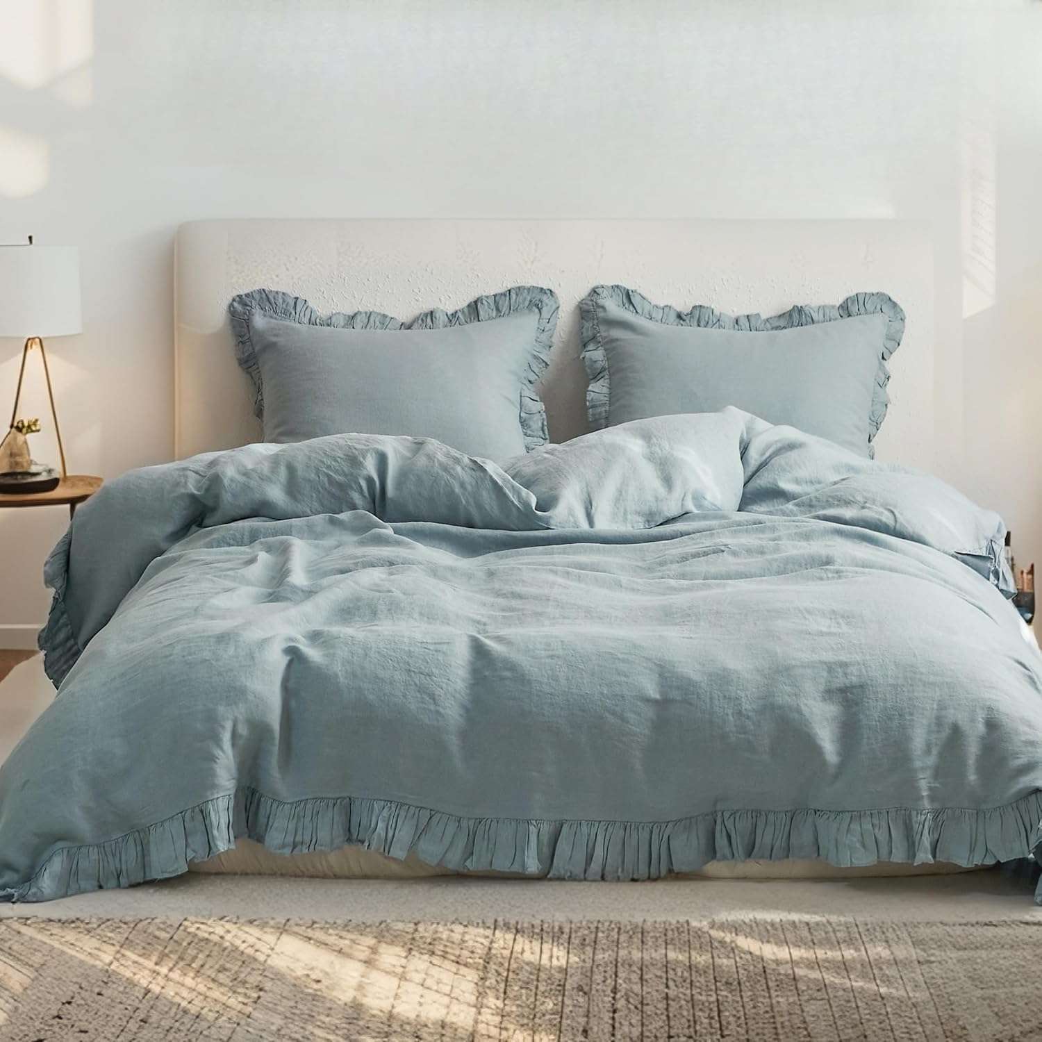 Luxurious Linen Duvet Cover Set in Dusty Blue for Queen Size