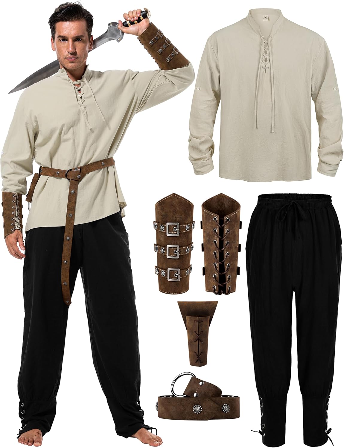 Renaissance Costume Men with Viking Shirt and Pants Set