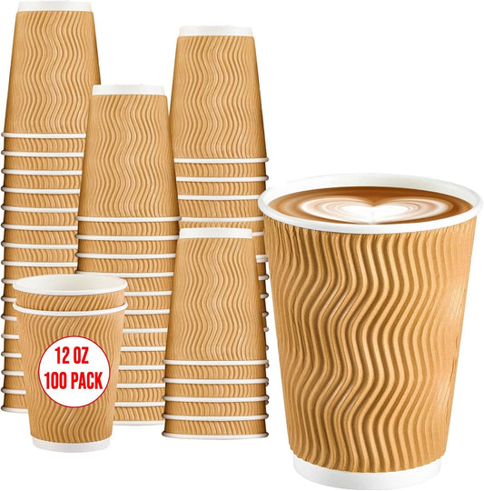 100 Pack Insulated Ripple Coffee Cups, Hot Beverage To Go, Champagne - BYSNOW