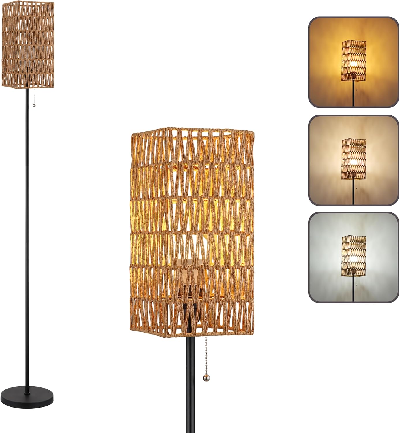 Farmhouse Rattan Floor Lamp with Adjustable LED Bulb for Home