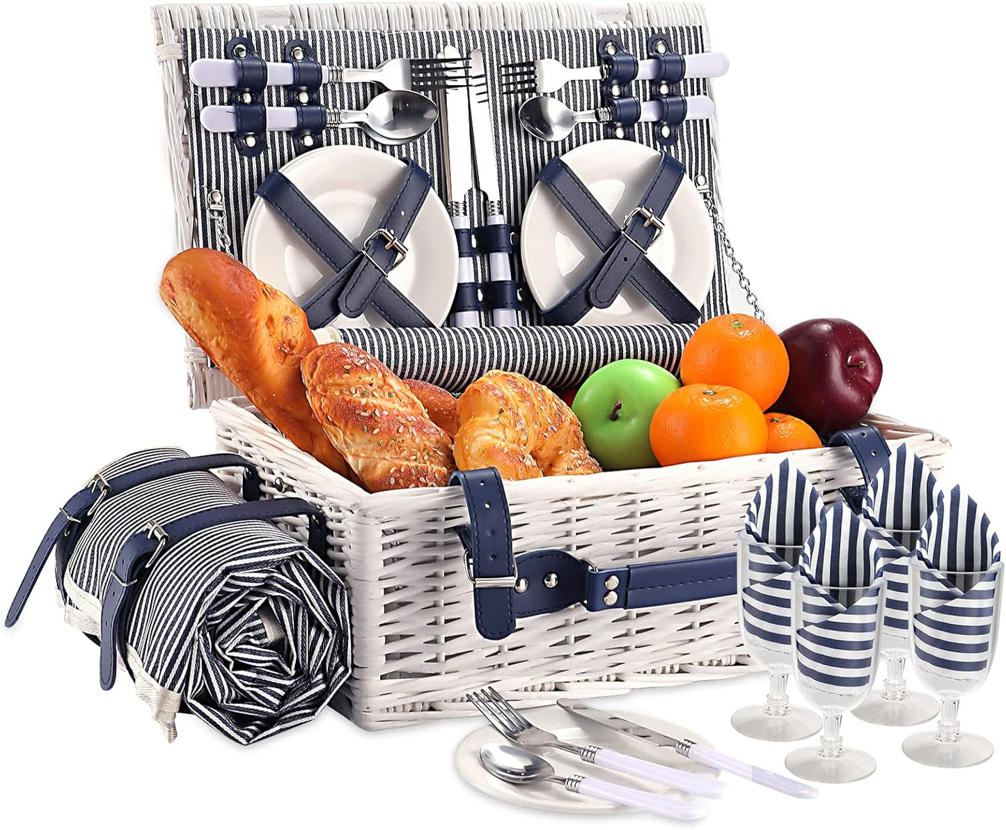 Picnic Basket for 4 with Waterproof Blanket and Insulated Cooler