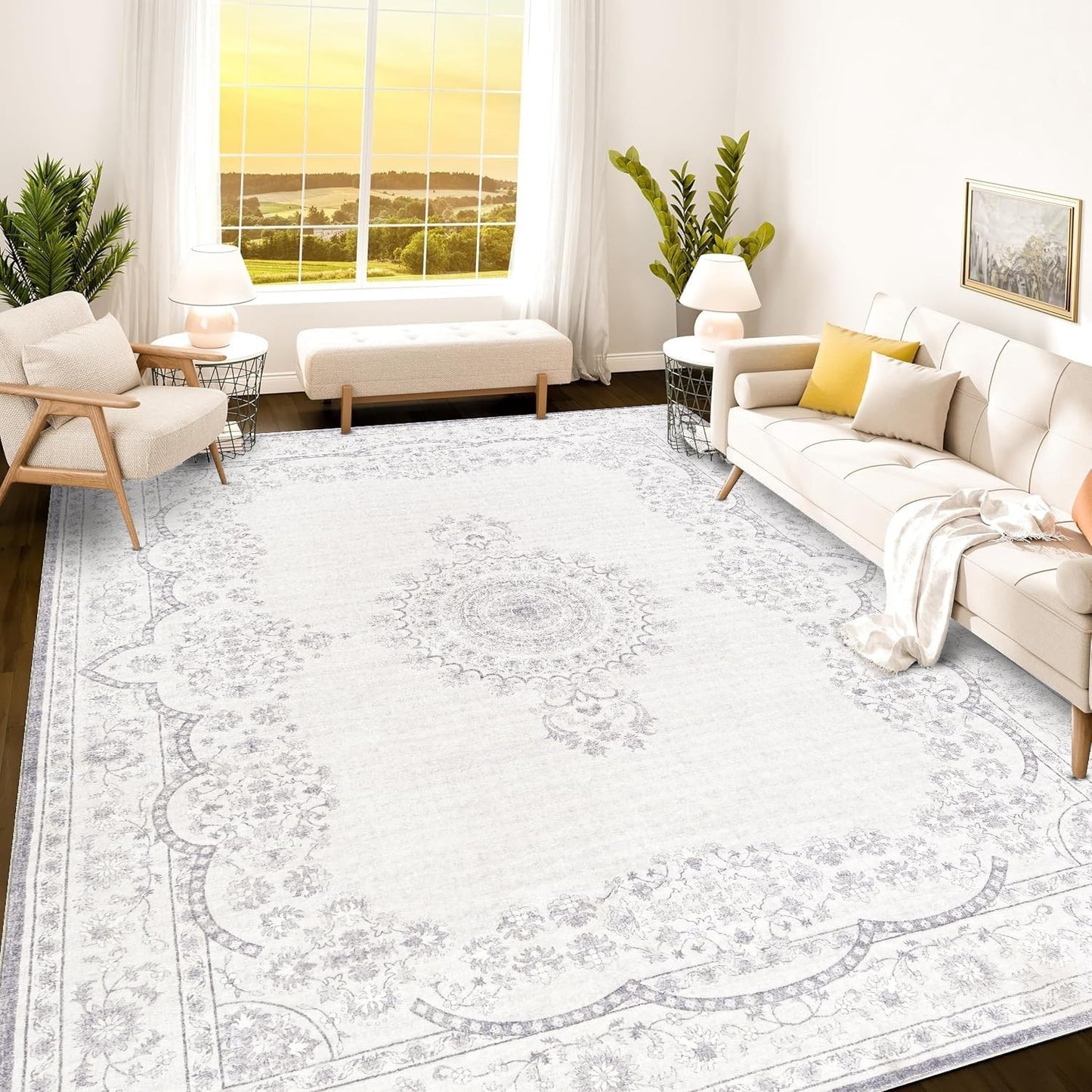 Istana Boho Area Rug - Grey/White Cream 9x12 Washable Carpet