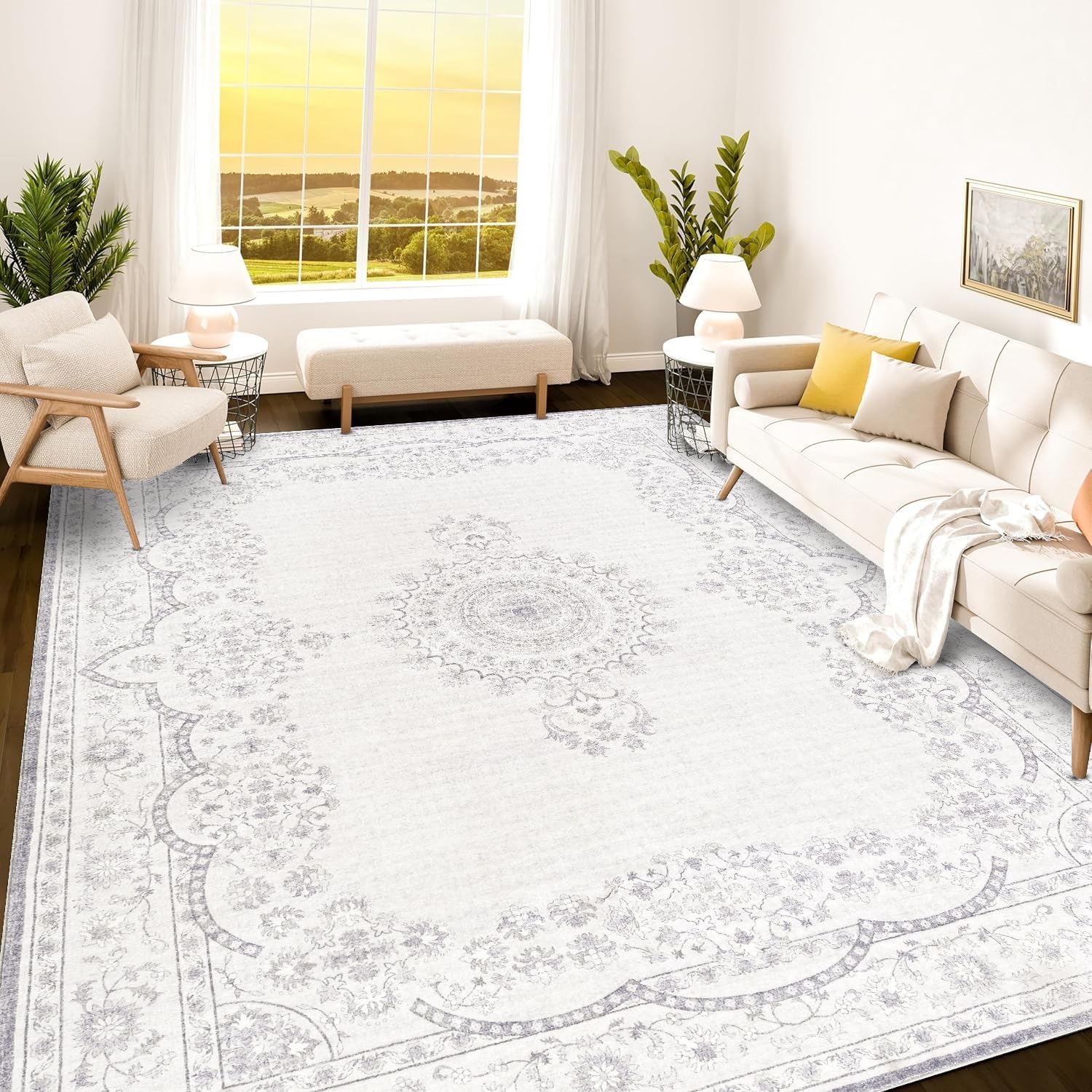 Istana Boho Area Rug - Grey/White Cream 9x12 Washable Carpet