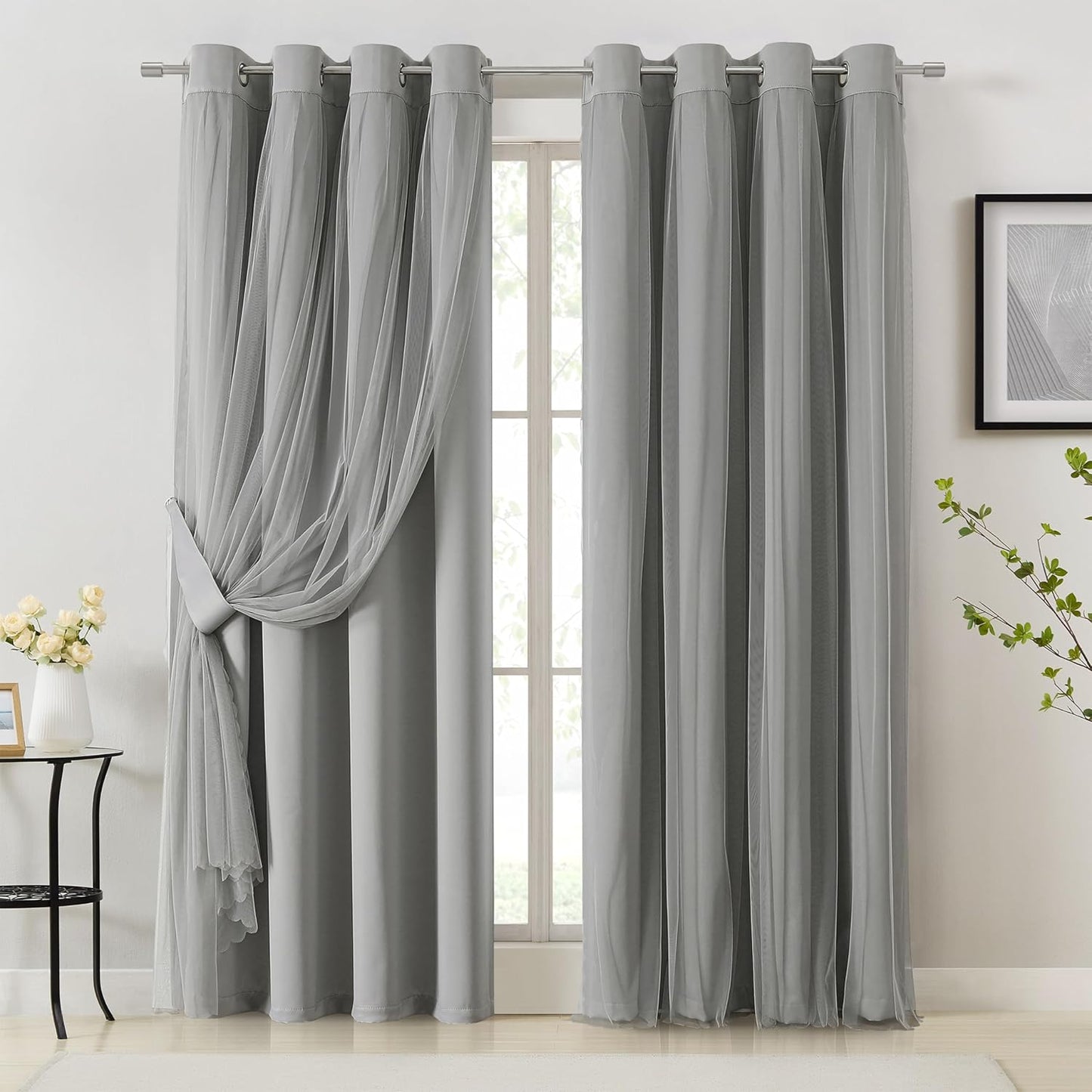 Bujasso Grey 90% Blackout Curtains with Sheer Overlay for Home