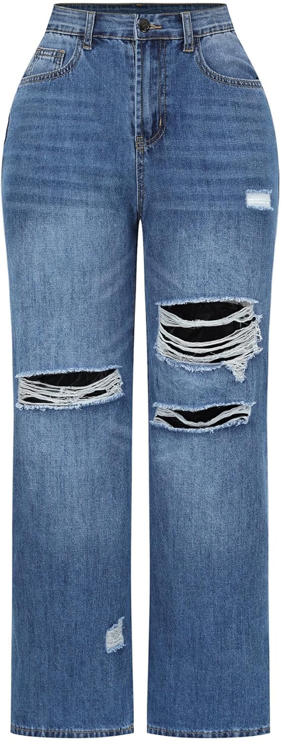 High Waisted Wide Leg Jeans for Women - Distressed Denim Style