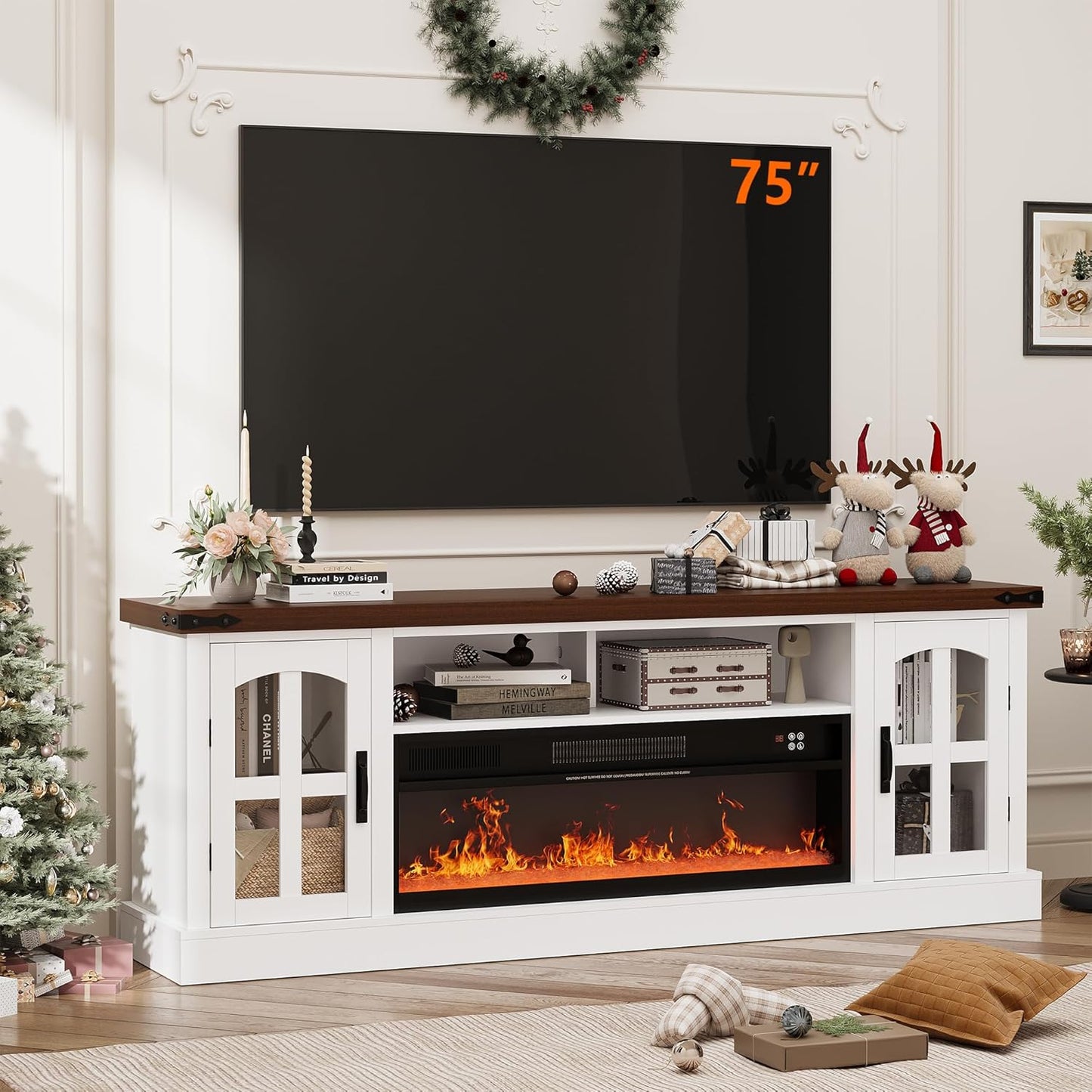 36 Electric Fireplace TV Stand: Fits up to 80 TVs, LED Lights, Remote Control - White