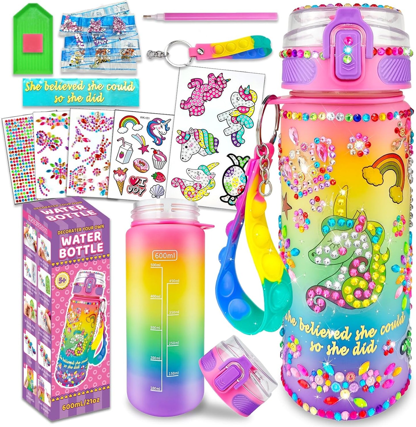 Unicorn Water Bottle Decorating Kit for Ages 4-10 - Creative Arts & Crafts