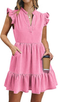 Denim Dress for Women Pink Ruffle Short Sleeve V Neck Mini
